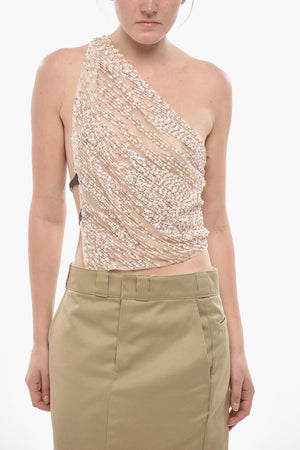 One-Shoulder-Top mit Pailletten- und Strassbesatz