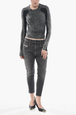 T-Shirt Girocollo T-LASTEK Effetto Marmo a Maniche Lunghe con Inserti a Costine