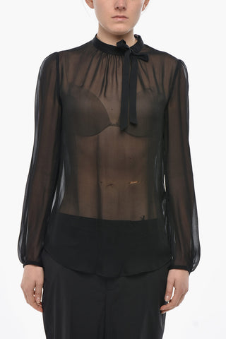 Sheer Tie-Neck Blouse with Long Sleeves