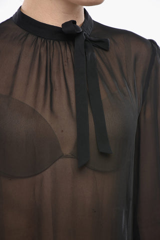 Sheer Tie-Neck Blouse with Long Sleeves