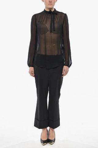 Sheer Tie-Neck Blouse with Long Sleeves