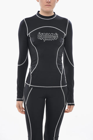 BEACHWEAR T-Shirt in Tessuto Stretch a Maniche Lunghe con Cuciture a Vista