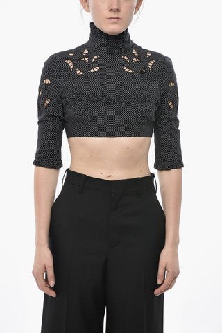 Cotton Poplin Polka-Dot Crop Top with 3/4 Sleeves and Cut-Out Details