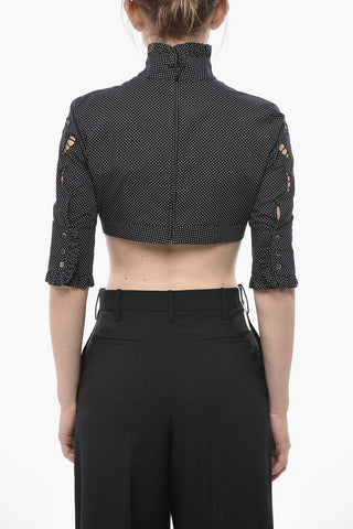 Cotton Poplin Polka-Dot Crop Top with 3/4 Sleeves and Cut-Out Details