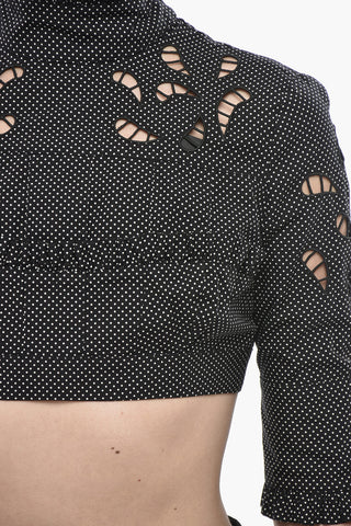 Cotton Poplin Polka-Dot Crop Top with 3/4 Sleeves and Cut-Out Details