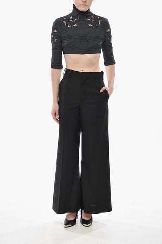 Cotton Poplin Polka-Dot Crop Top with 3/4 Sleeves and Cut-Out Details