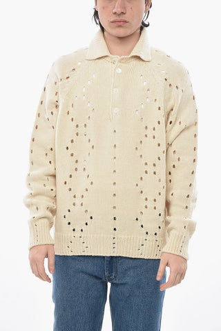 Openwork Alpaca-Blend Pullover with Polo Collar
