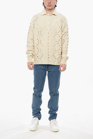 Openwork Alpaca-Blend Pullover with Polo Collar