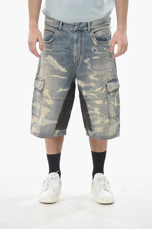 Distressed Denim Cargo Shorts with Patches