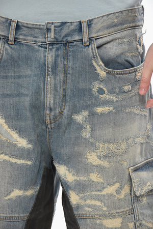 Distressed Denim Cargo Shorts with Patches