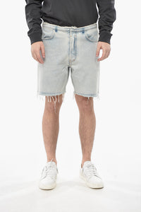 Shorts in Denim Lavaggio Chiaro con Bordi a Taglio Vivo