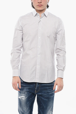 Camicia in Popeline di Cotone a Righe con Collo Francese