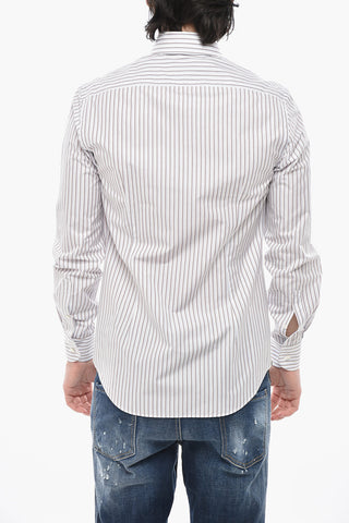 Camicia in Popeline di Cotone a Righe con Collo Francese