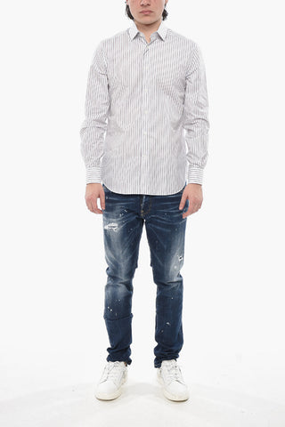 Camicia in Popeline di Cotone a Righe con Collo Francese