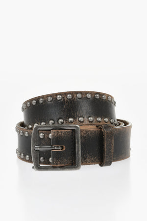 35mm Vintage-Effect Leather Belt with Studs