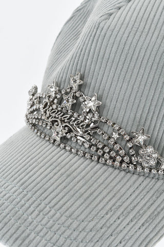 Cappello Baseball TIARA in Velour a Coste con Dettaglio in Metallo Impreziosito da Strass e Stelle