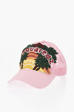 Cotton and Mesh Baseball Cap TROPICAL with Bead and Sequin Embellishments