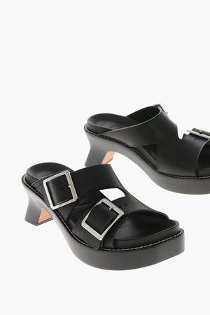 Mules Open Toe in Pelle con Suola in Cuoio 7cm