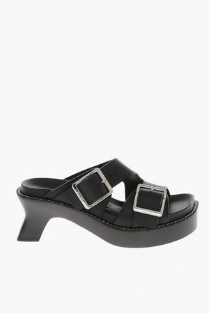 Mules Open Toe in Pelle con Suola in Cuoio 7cm