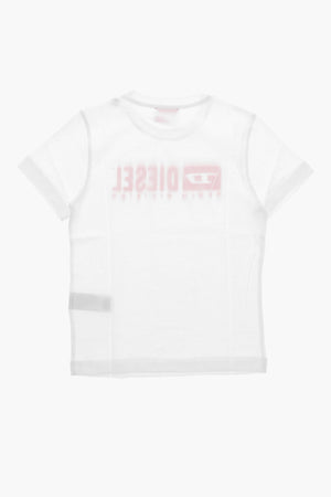 T-Shirt Girocollo in Tinta Unita con Logo Effetto Sbiadito