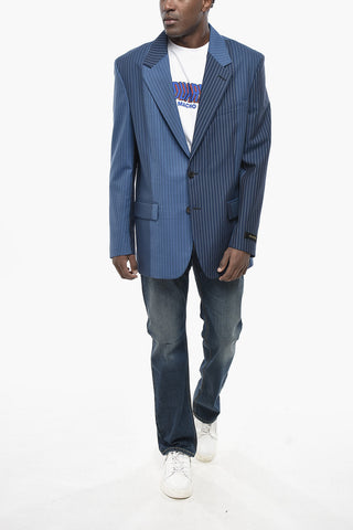 Blazer in Lana Vergine Motivo Gessato con Tasche ad Aletta