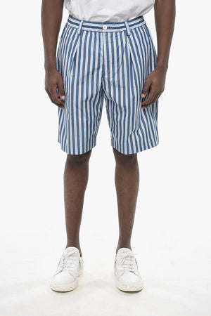 Cotton 1-Pleat Shorts with Balanced Stripe Pattern