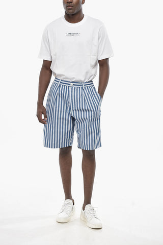 Cotton 1-Pleat Shorts with Balanced Stripe Pattern