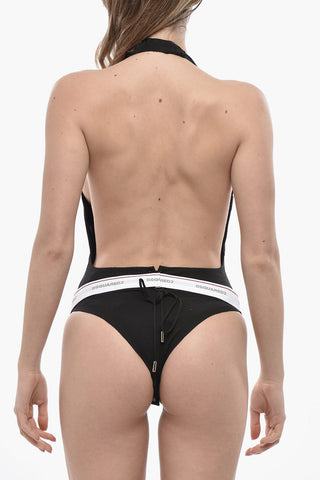 Halterneck Bodysuit Embellished With Crystals And Deep Plunge