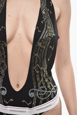 Halterneck Bodysuit Embellished With Crystals And Deep Plunge