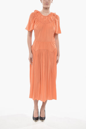 Silk Dress with Pleated Skirt and Lantern Sleeves