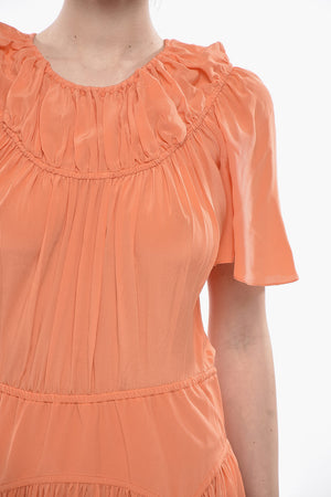 Silk Dress with Pleated Skirt and Lantern Sleeves