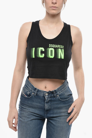 ICON Cropped Top Aus Baumwolle Uni Mit Neonfarbenem Logo