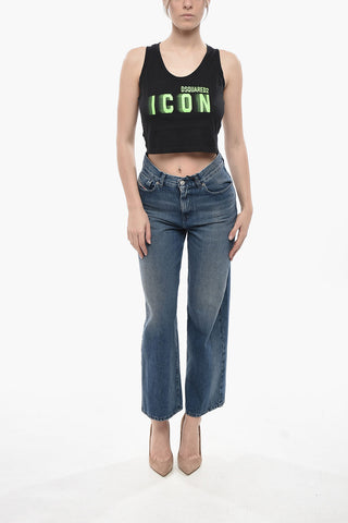 ICON Cropped Top Aus Baumwolle Uni Mit Neonfarbenem Logo
