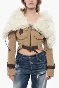 Ribbed Velour Cropped Jacket with Shearling Hood