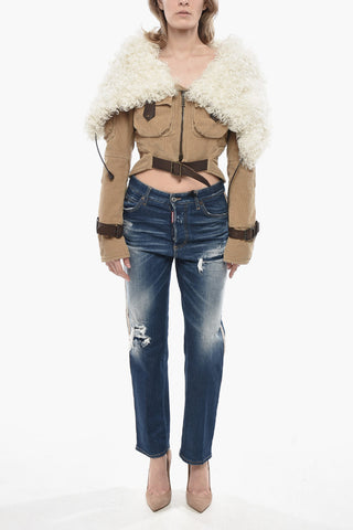 골지 벨루어 크롭 재킷 시어링 후드