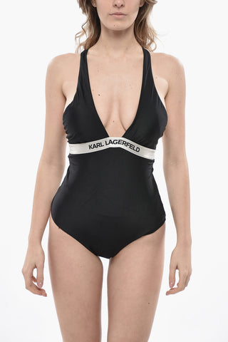 Stretch Fabric One-Piece Swimsuit with Contrasting Logo Band
