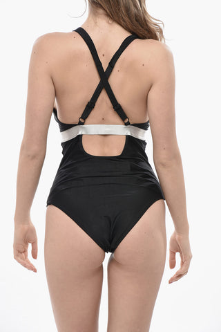 Stretch Fabric One-Piece Swimsuit with Contrasting Logo Band