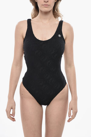 Jacquard Fabric Solid One-Piece Swimsuit with Tonal Monogram