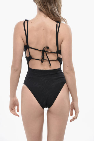 Jacquard Fabric Solid One-Piece Swimsuit with Tonal Monogram