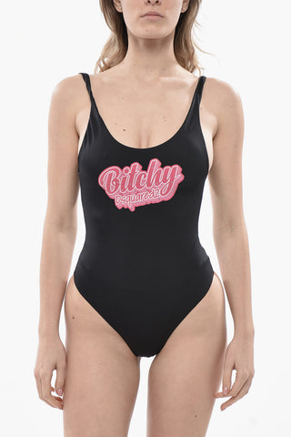 Solid-Color One-Piece Swimsuit with Rhinestone-Embellished Print