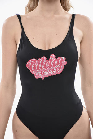 Solid-Color One-Piece Swimsuit with Rhinestone-Embellished Print