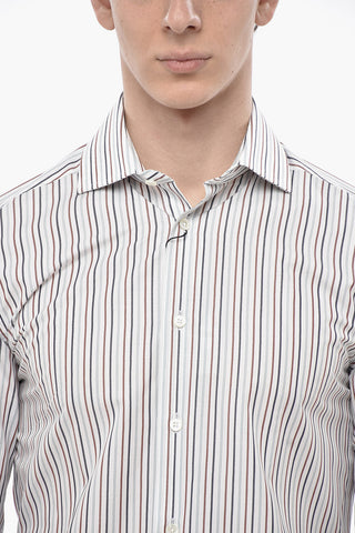 Camicia in Popeline di Cotone a Righe con Collo Francese