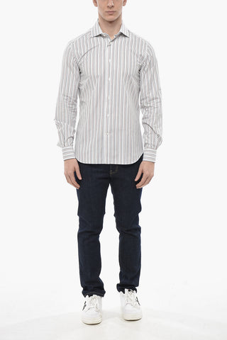 Camicia in Popeline di Cotone a Righe con Collo Francese