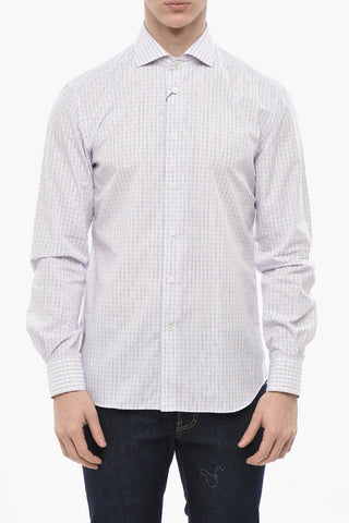 Camicia in Popeline di Cotone a Quadri con Collo Francese