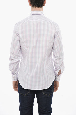 Camicia in Popeline di Cotone a Quadri con Collo Francese
