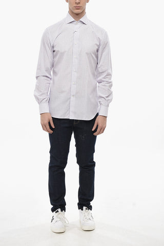 Camicia in Popeline di Cotone a Quadri con Collo Francese