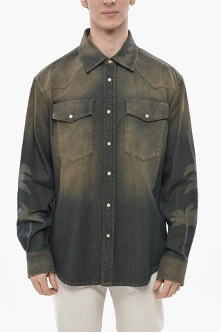 Vintage-Washed Denim Shirt With Palm Motif
