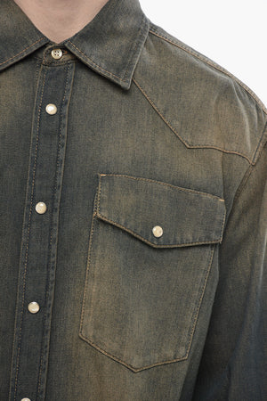 Vintage-Washed Denim Shirt With Palm Motif