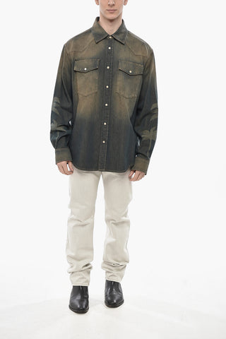 Vintage-Washed Denim Shirt With Palm Motif