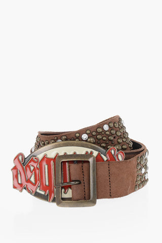 Cintura in Pelle Impreziosita da Borchie e Cristalli con Doppia Fibbia 40mm